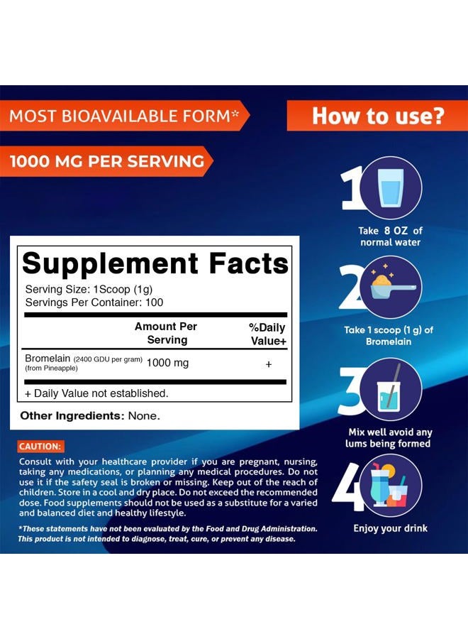 Vitamatic Bromelain Powder 1000mg per Serving - 2400 GDU/g, Proteolytic Enzymes, Supports Digestion of Proteins, 100 Grams - 100 Servings (Scoop Included) - Image 2